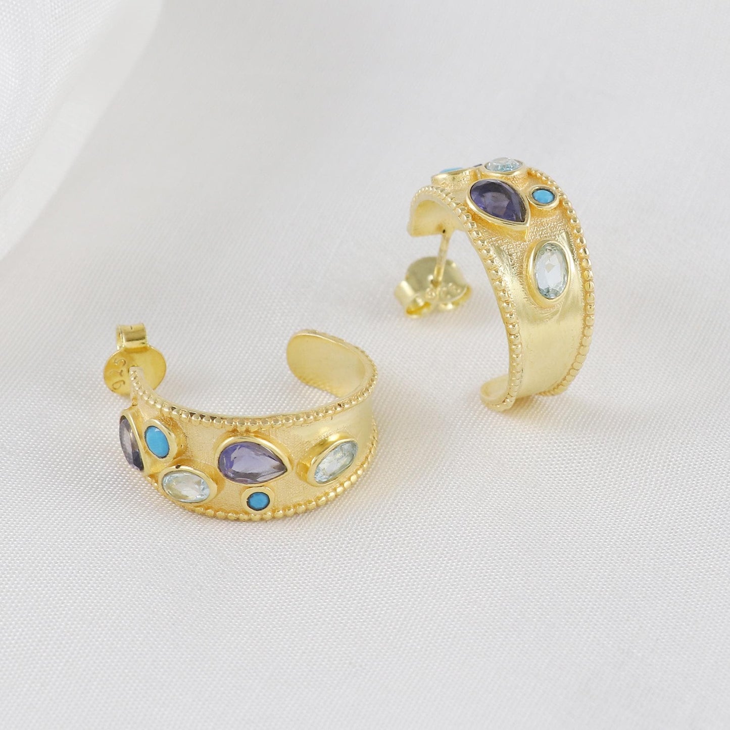 Multi Stone Gold Plated Brass Blue Topaz,Iolite and Turquoise Hoop Earrings, 20mm Hoops