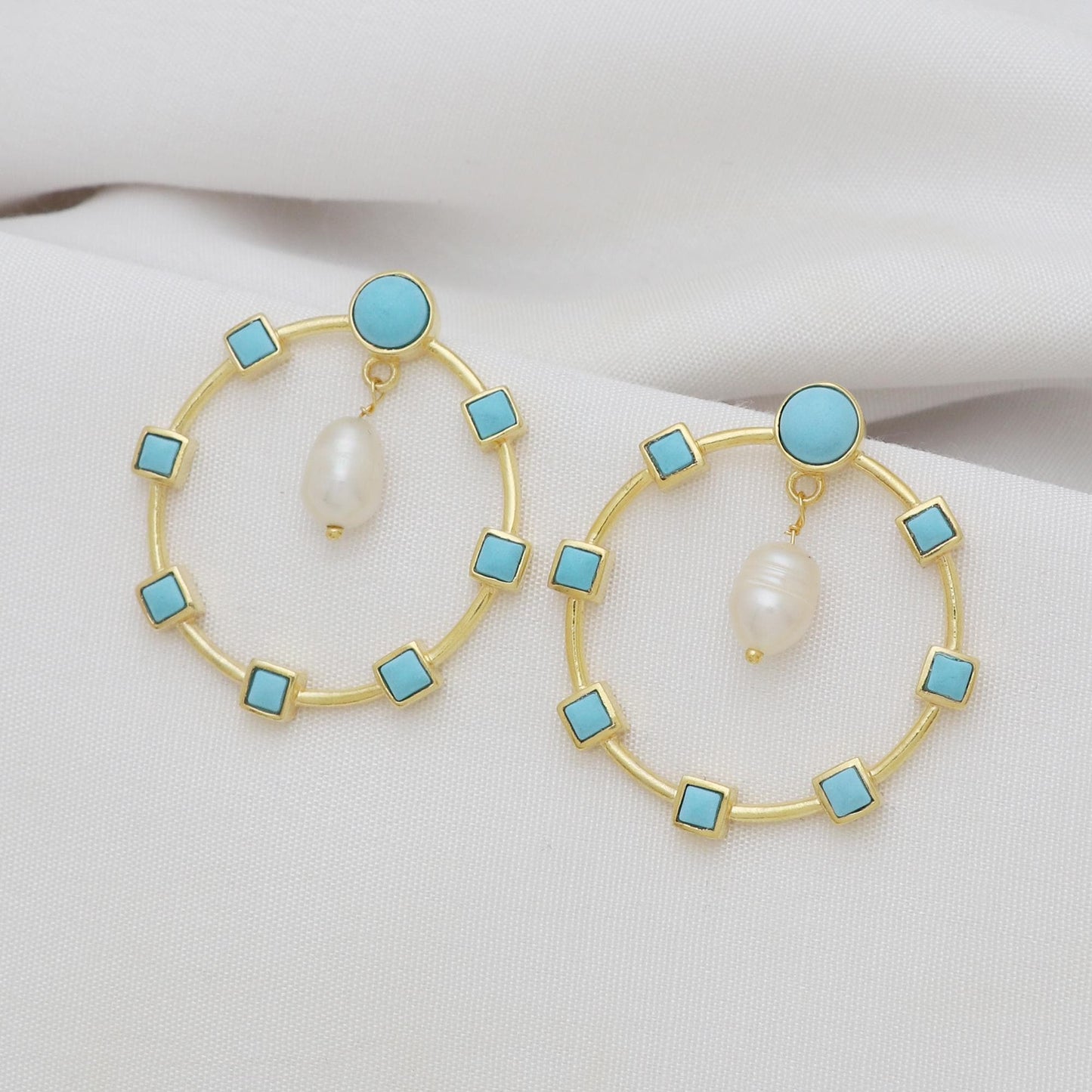 Gold Plated Brass Turquoise and Pearl Big Round Multi Stone Stud Earrings for Women
