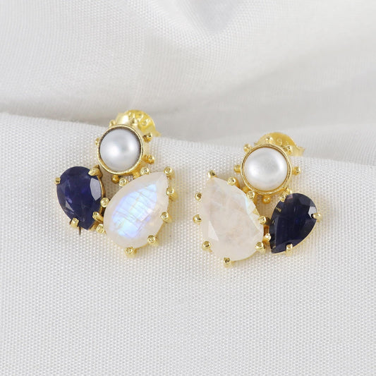 Gold Plated Brass Stud Earrings with Rainbow Moonstone, Iolite, Pearl