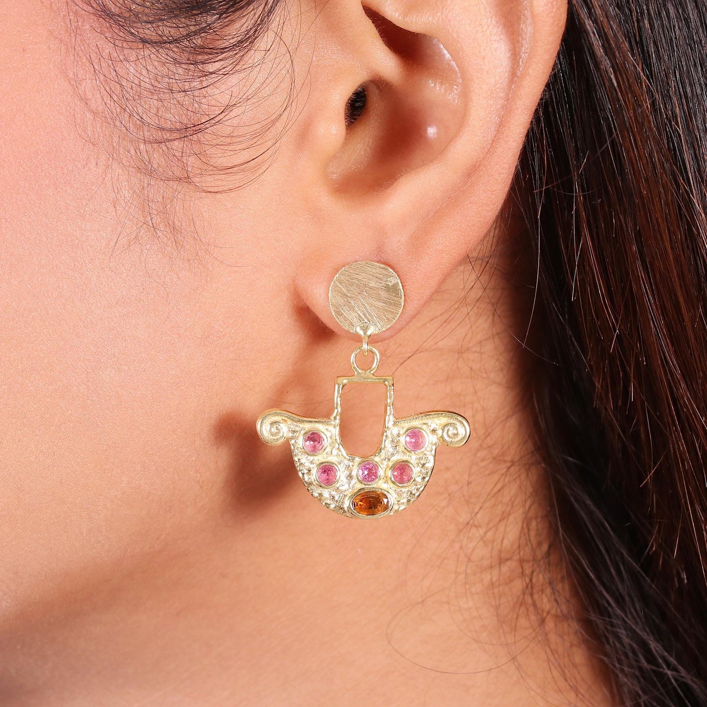 Multi Tourmaline Gold plated brass earrings, Statement everyday wear jewelry