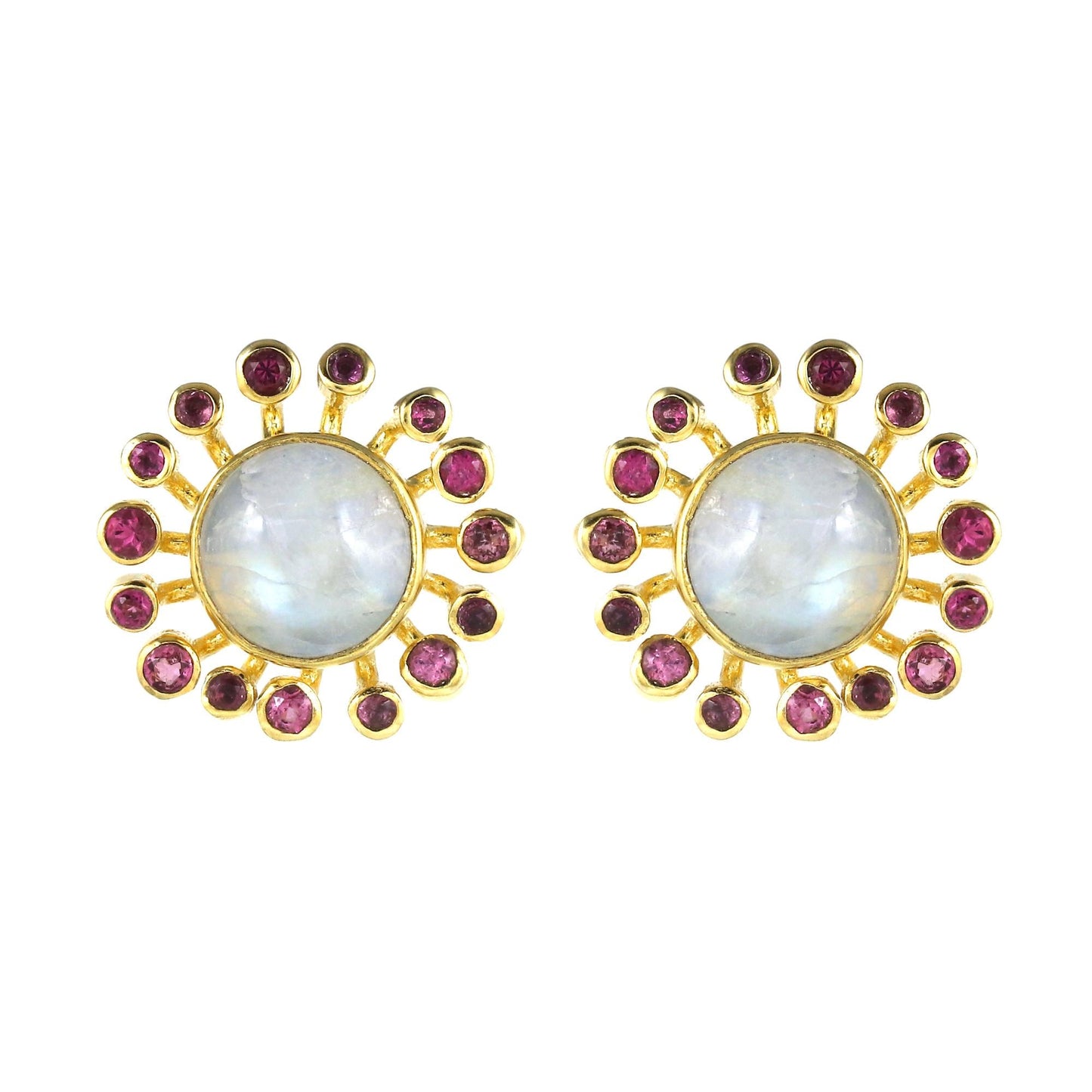 Rainbow Moonstone and Pink Tourmaline Gold Plated Brass Stud Earrings