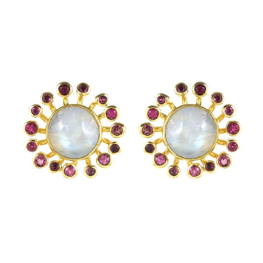 Rainbow Moonstone and Pink Tourmaline Gold Plated Brass Stud Earrings