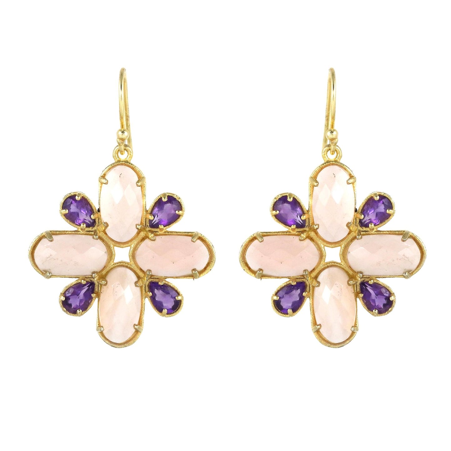 Rose Quartz and Amethyst Gold Plated Brass Cluster Earrings, Multi gemstone statement jewelry
