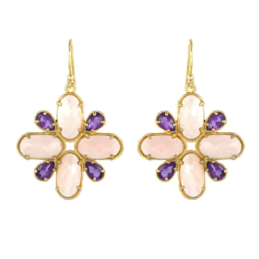 Rose Quartz and Amethyst Gold Plated Brass Cluster Earrings, Multi gemstone statement jewelry