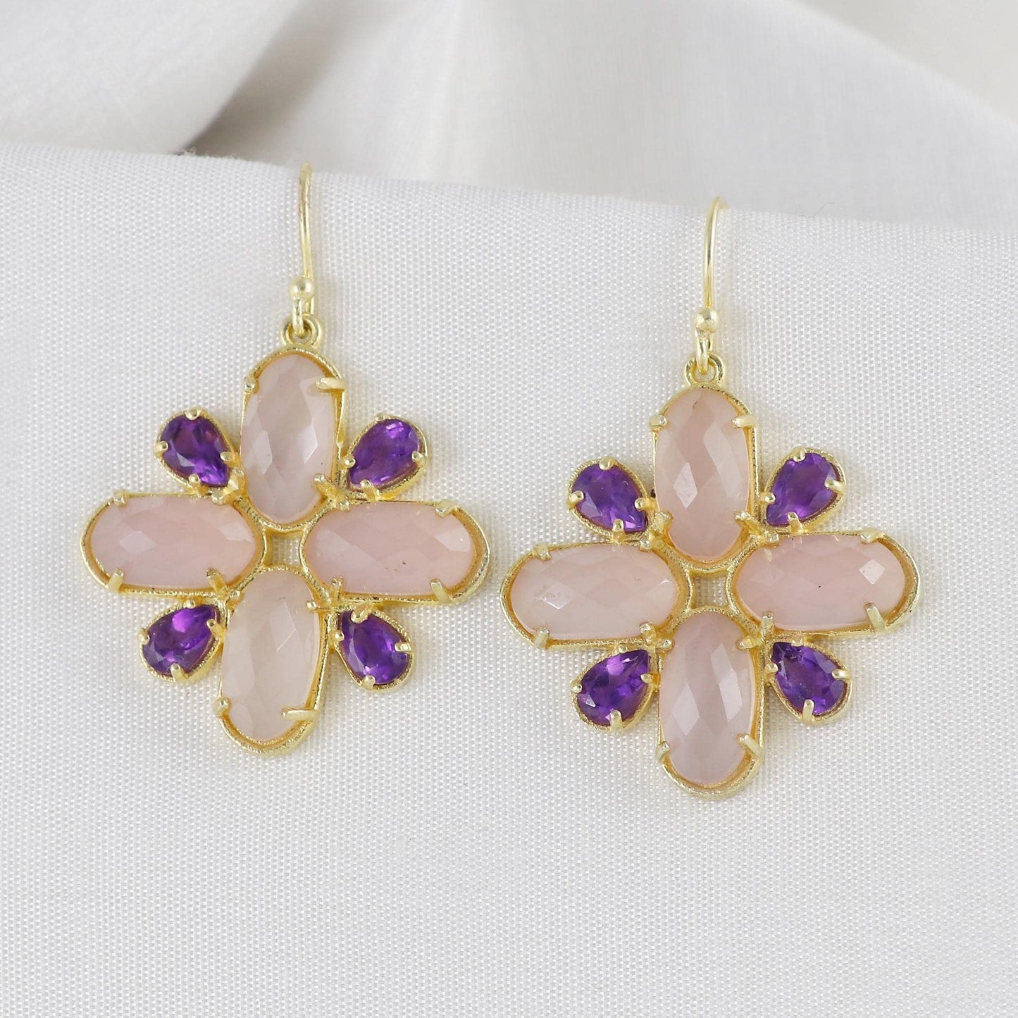 Rose Quartz and Amethyst Gold Plated Brass Cluster Earrings, Multi gemstone statement jewelry