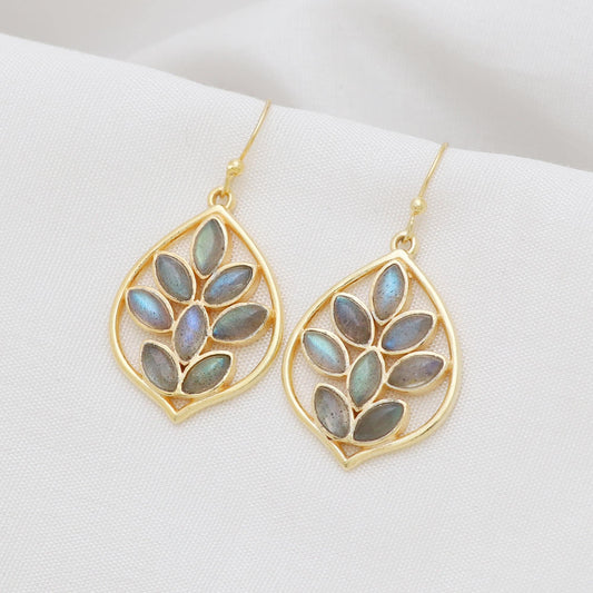 Gold Plated Brass Blue Labradorite Leaf Earrings, Daily Casual Wear