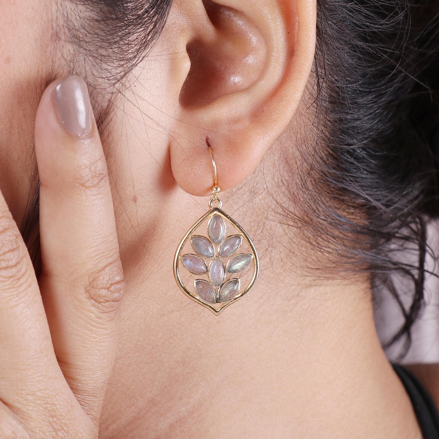 Gold Plated Brass Blue Labradorite Leaf Earrings, Daily Casual Wear