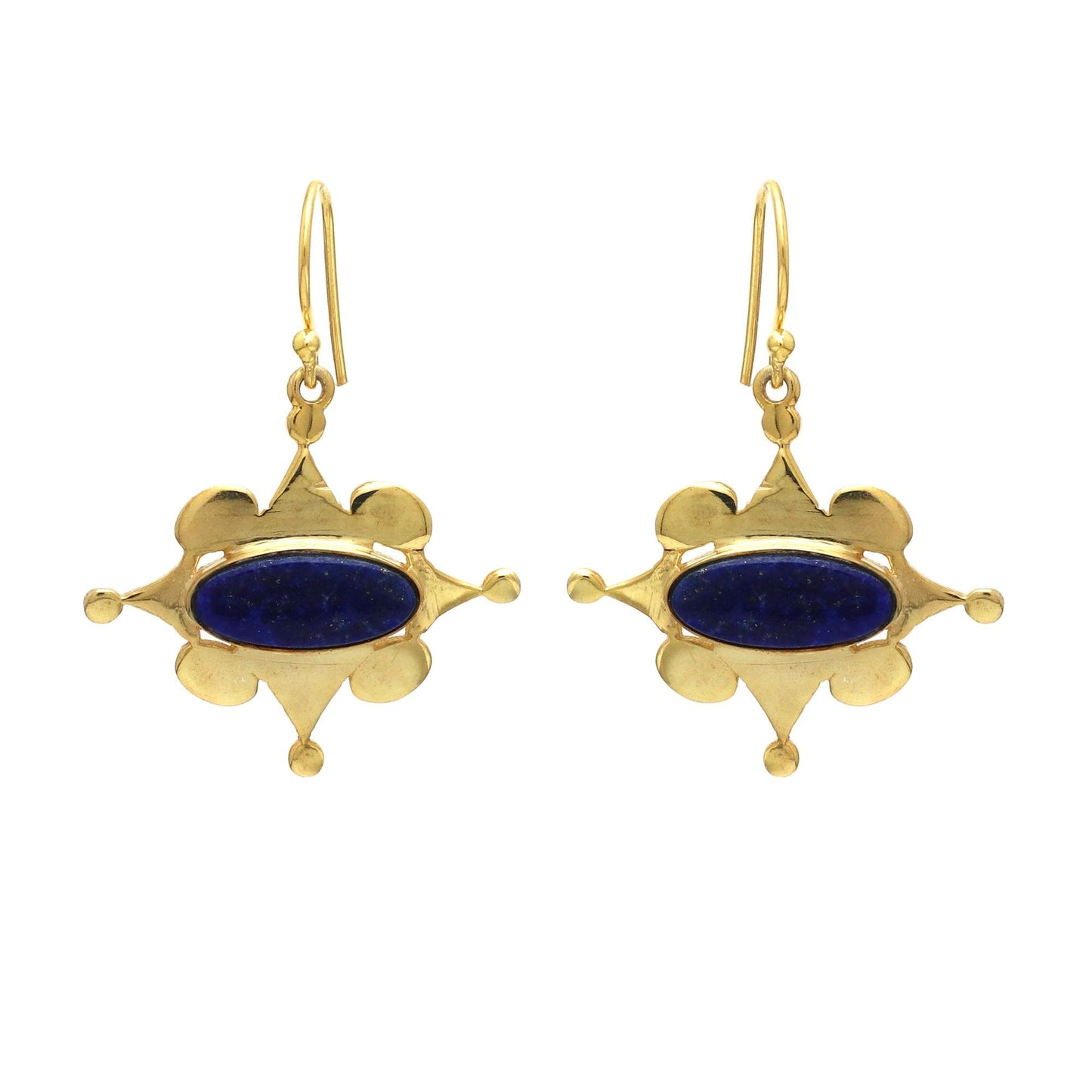 Lapis lazuli brass gold plated earrings, Natural oval shape gemstone earrings for everyday wear
