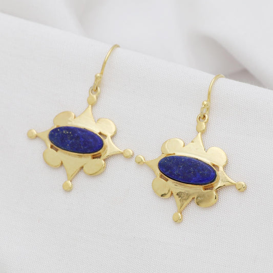 Lapis lazuli brass gold plated earrings, Natural oval shape gemstone earrings for everyday wear