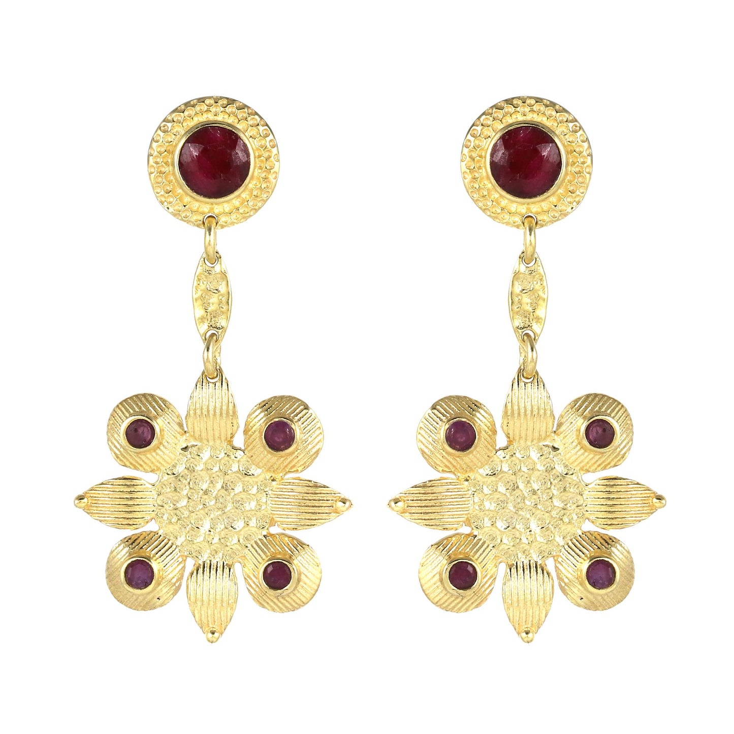 Gold Plated Brass Ruby Flower Earrings, Minimal small daily wear earrings with pink gemstone