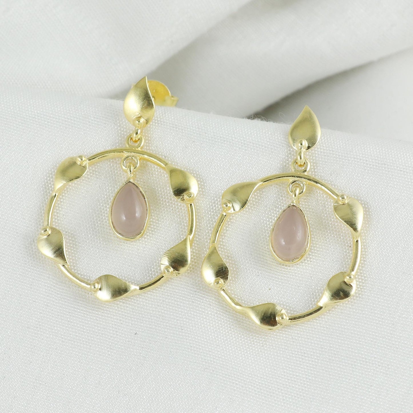 Rose Quartz Floral Gold Plated Brass Earrings, Leafy Design (32mm x 23mm)