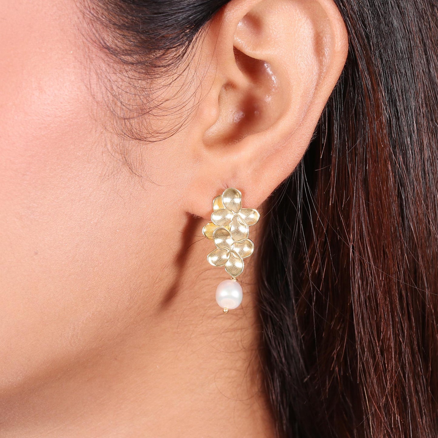 Gold Plated Brass floral Pearl Earrings for party wear