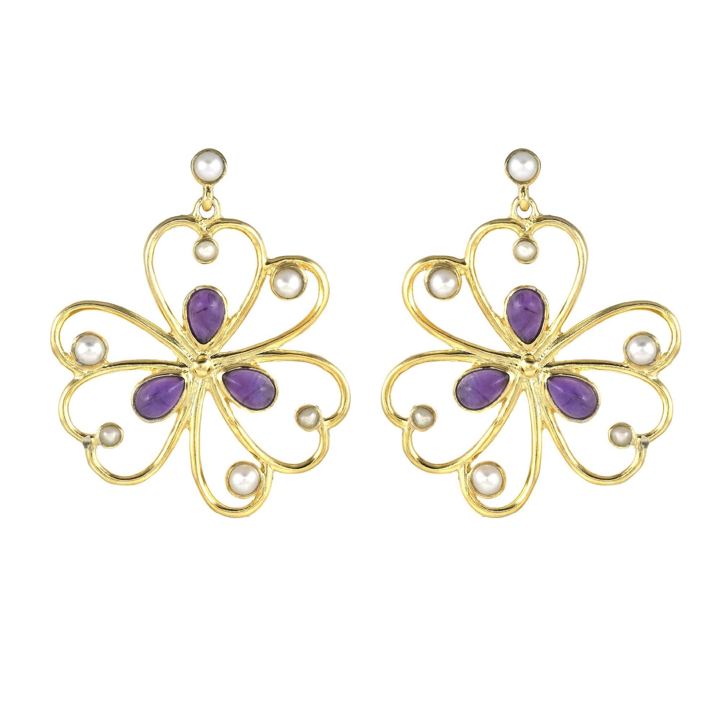 Amethyst and Pearl Flower Gold Plated Brass Earrings, Multi gemstone filigree earrings