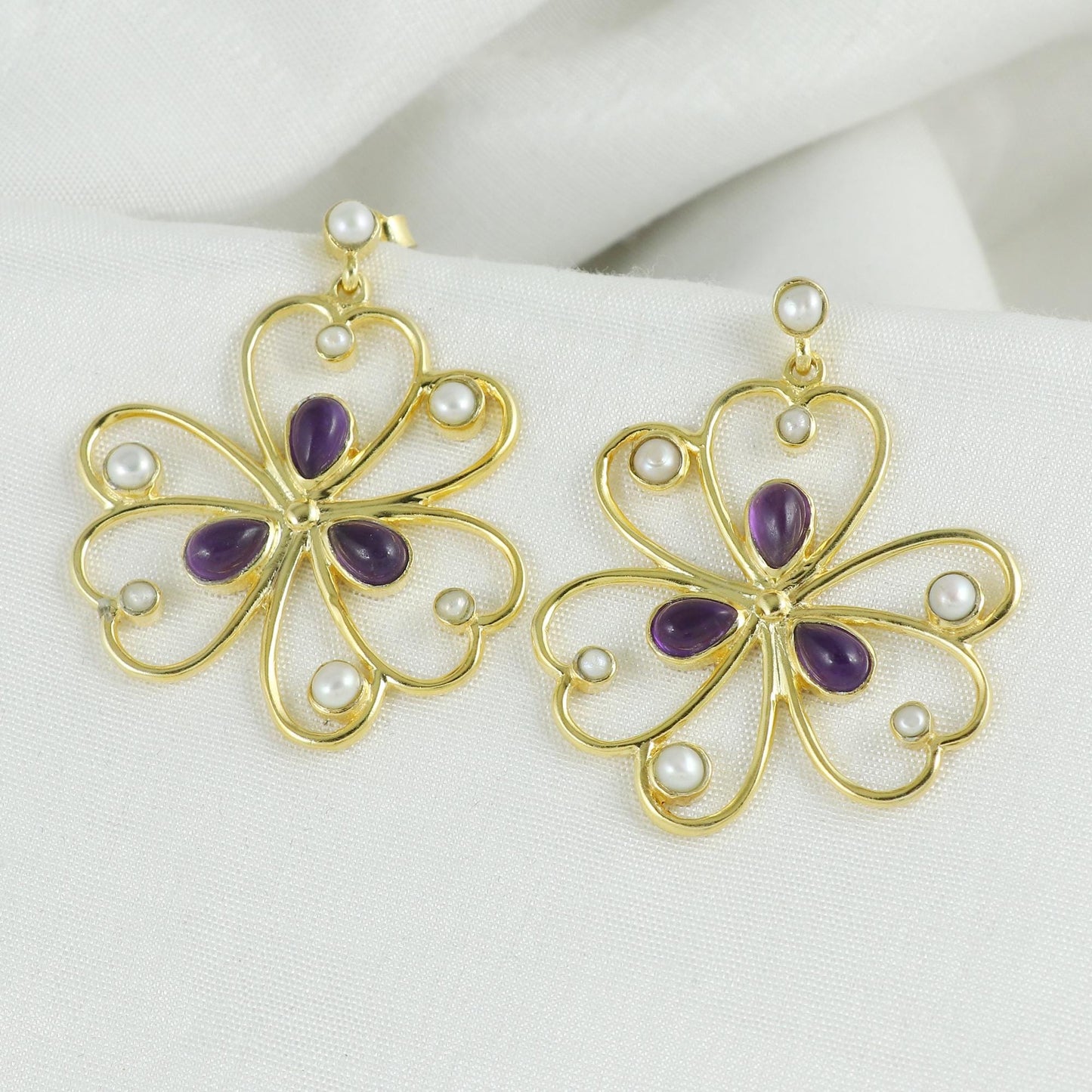 Amethyst and Pearl Flower Gold Plated Brass Earrings, Multi gemstone filigree earrings
