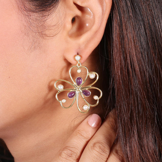 Amethyst and Pearl Flower Gold Plated Brass Earrings, Multi gemstone filigree earrings