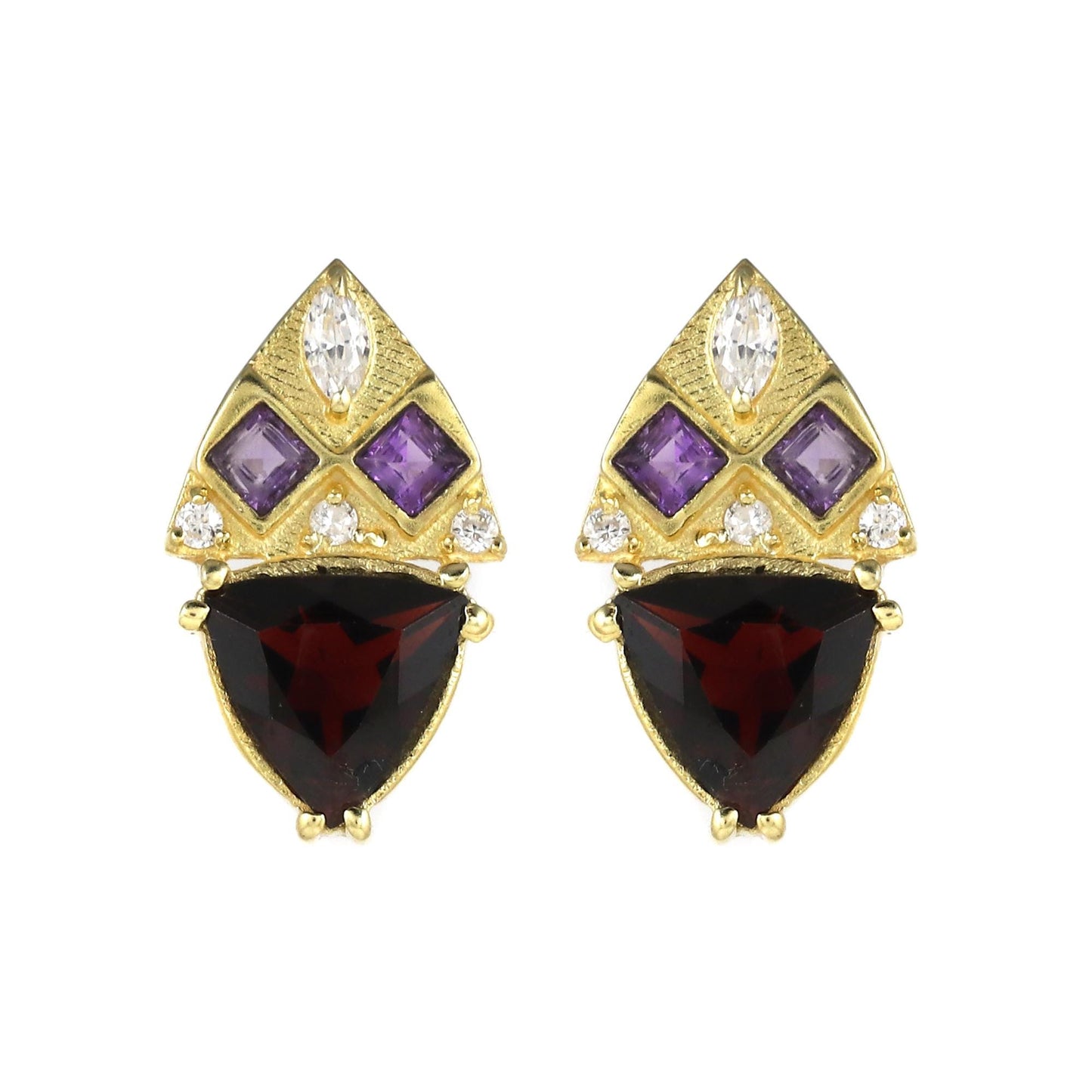Gold Plated Brass Garnet Amethyst Stud Earrings, Cubic Zirconia Accents