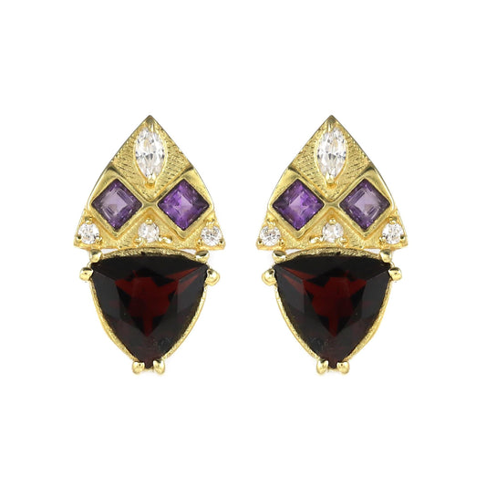 Gold Plated Brass Garnet Amethyst Stud Earrings, Cubic Zirconia Accents