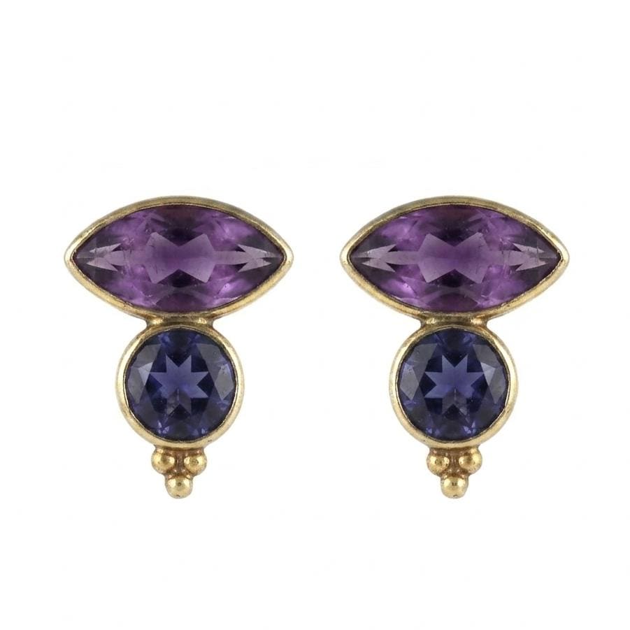 Multi Stone Gold Plated Brass Amethyst and Iolite Stud Earrings, Daily Office wear studs