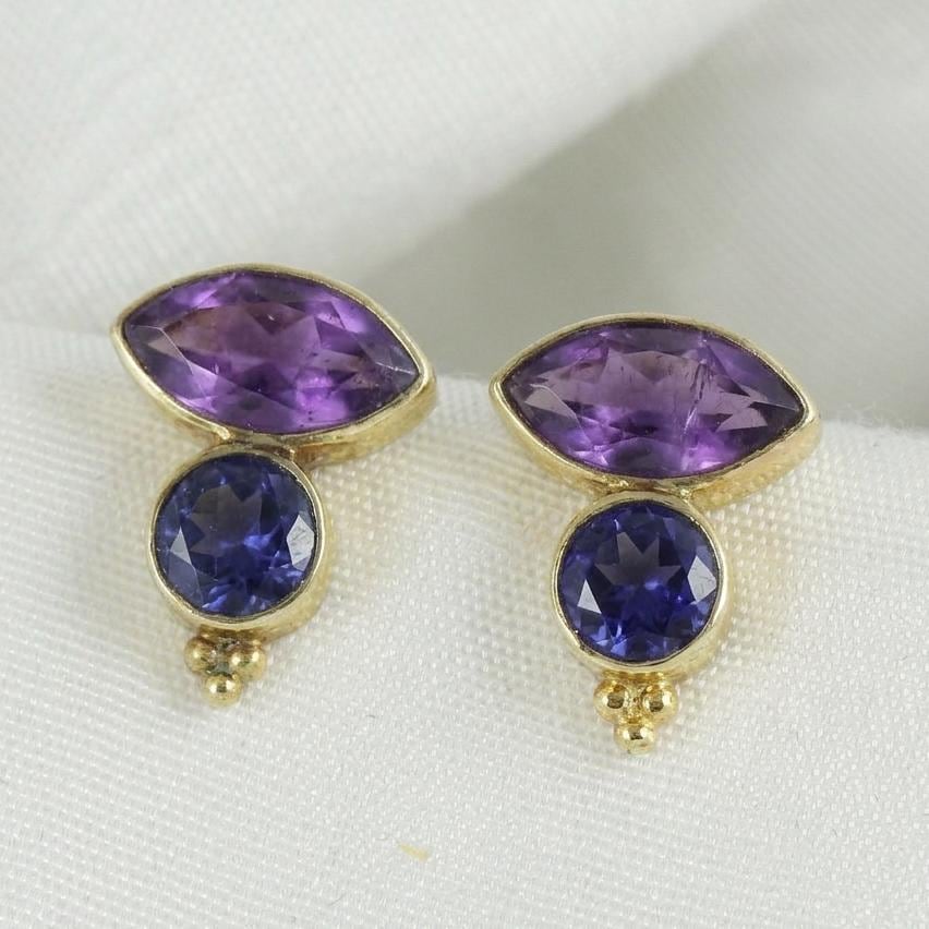 Multi Stone Gold Plated Brass Amethyst and Iolite Stud Earrings, Daily Office wear studs