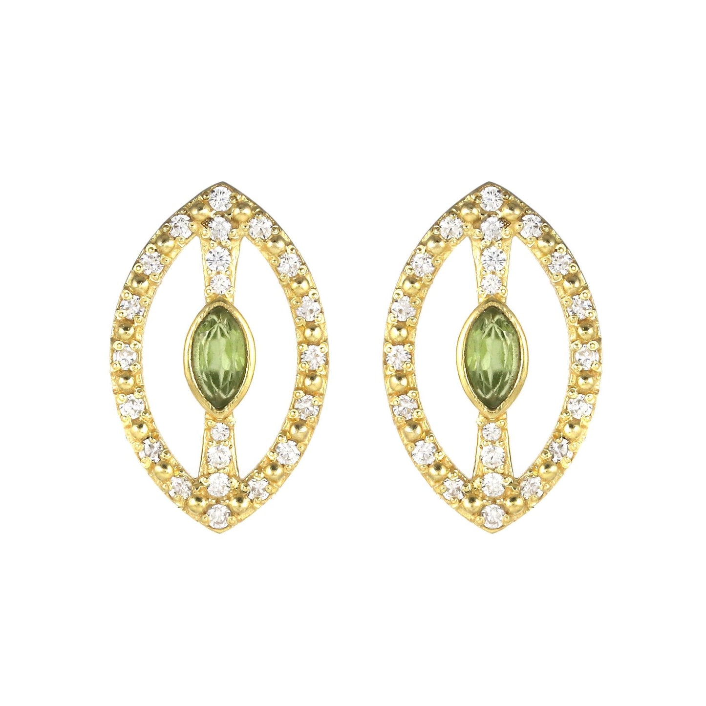 Gold Plated Brass Peridot Stud Earrings with cubic zirconia pave, Marquise shape studs