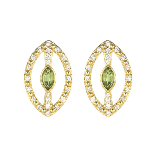 Gold Plated Brass Peridot Stud Earrings with cubic zirconia pave, Marquise shape studs