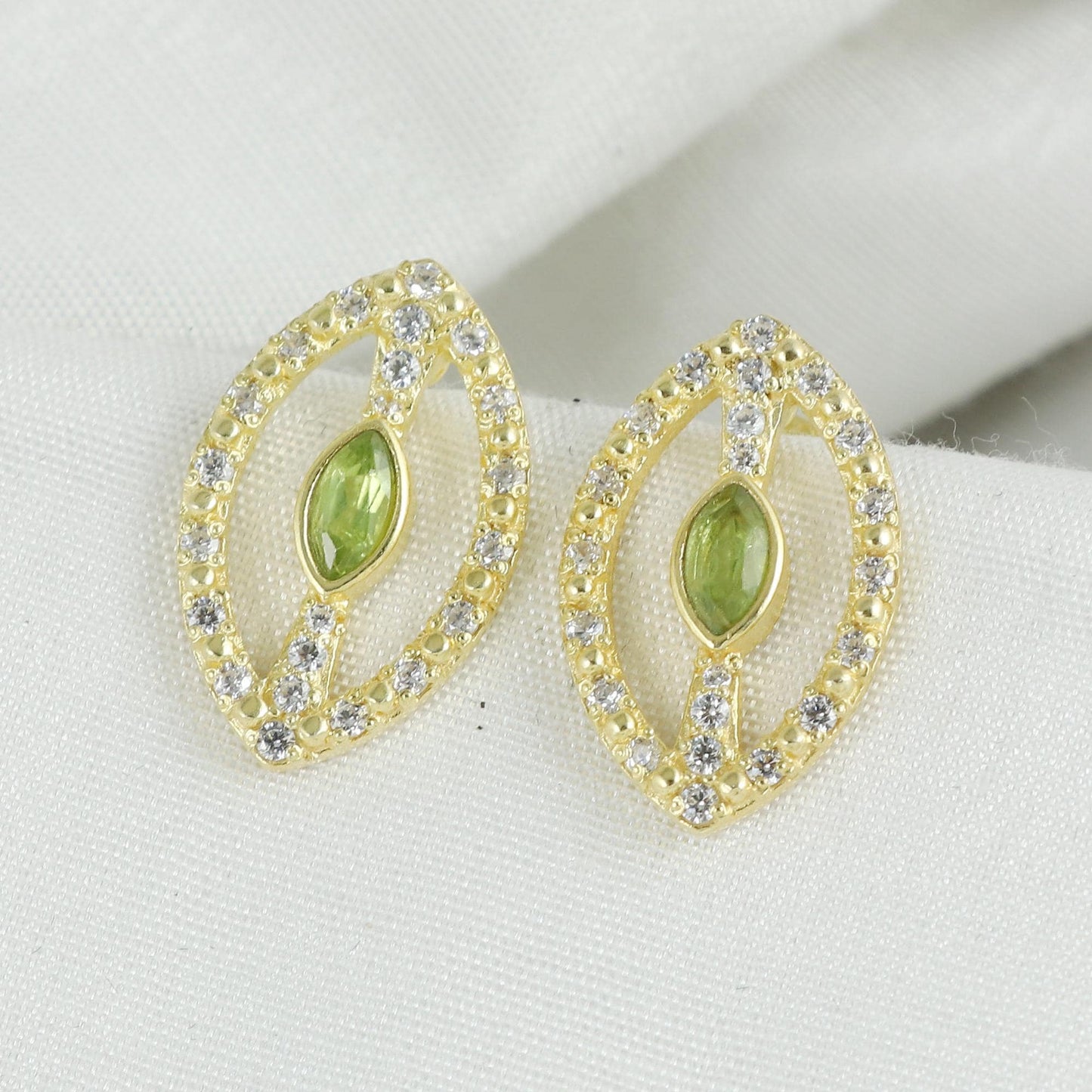 Gold Plated Brass Peridot Stud Earrings with cubic zirconia pave, Marquise shape studs