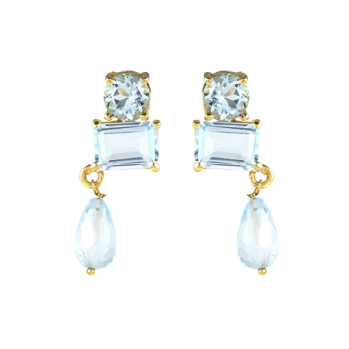 Gold Plated Brass Blue Topaz Dangle Earrings, Office Wear Jewelry