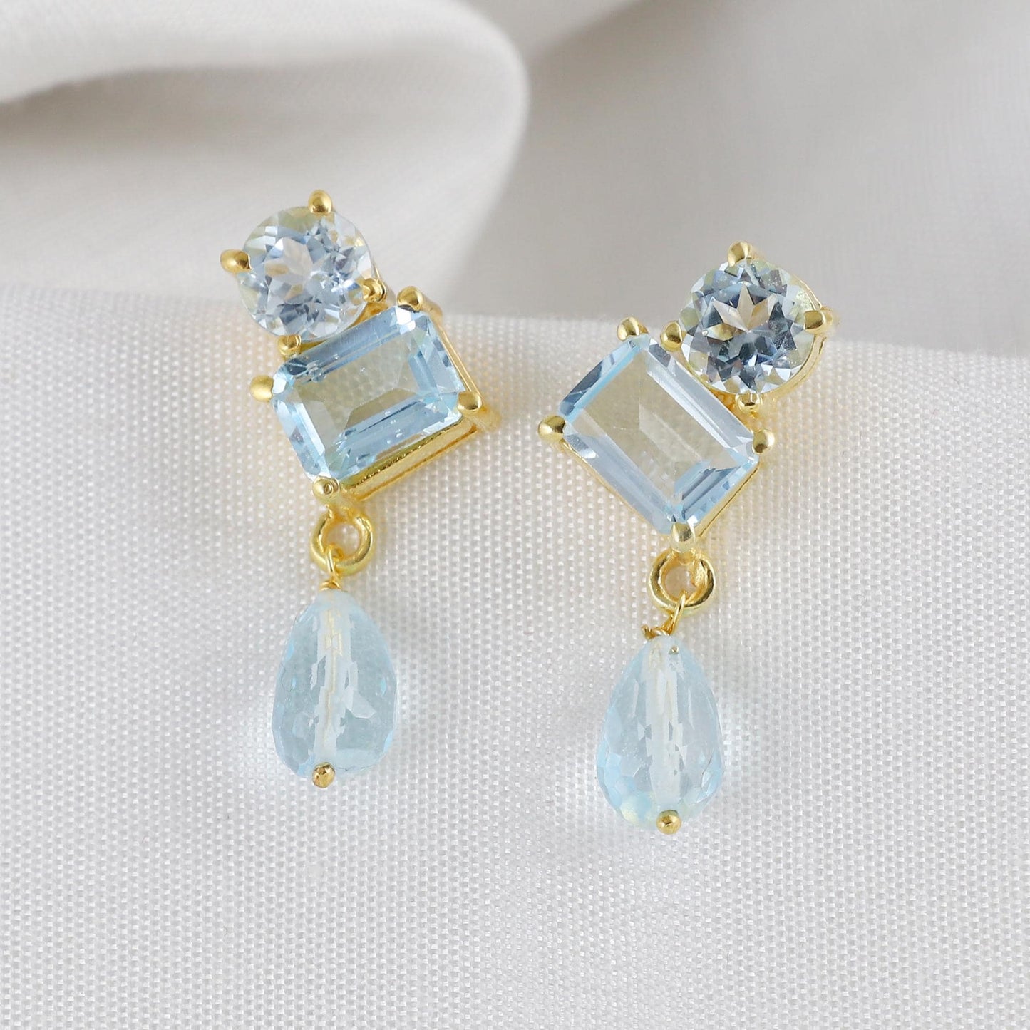 Gold Plated Brass Blue Topaz Dangle Earrings, Office Wear Jewelry