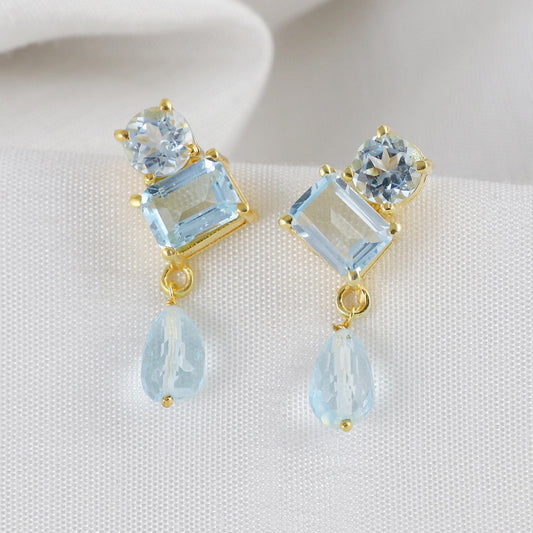 Gold Plated Brass Blue Topaz Dangle Earrings, Office Wear Jewelry