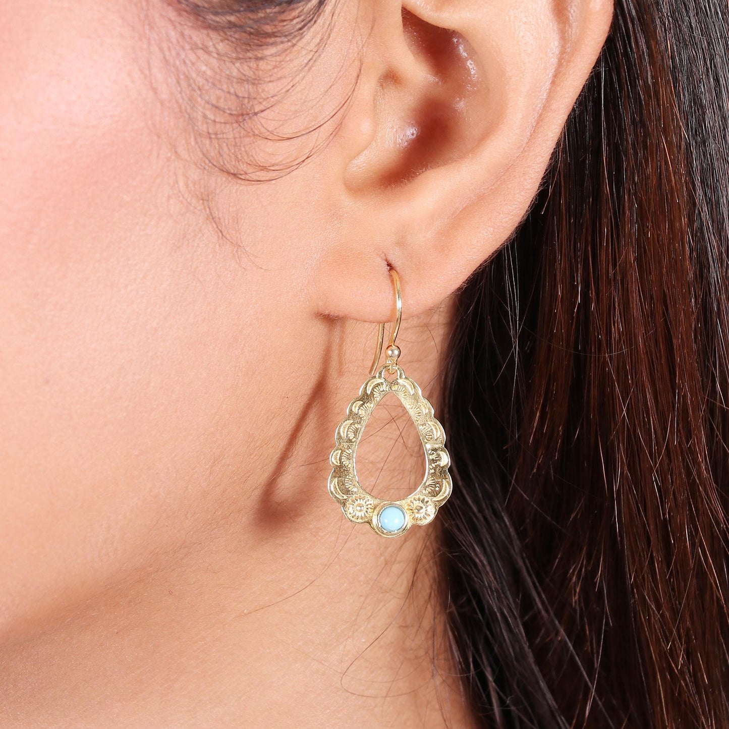 Gold Plated Brass Turquoise Hill Tribe Earrings, Office Wear Jewelry
