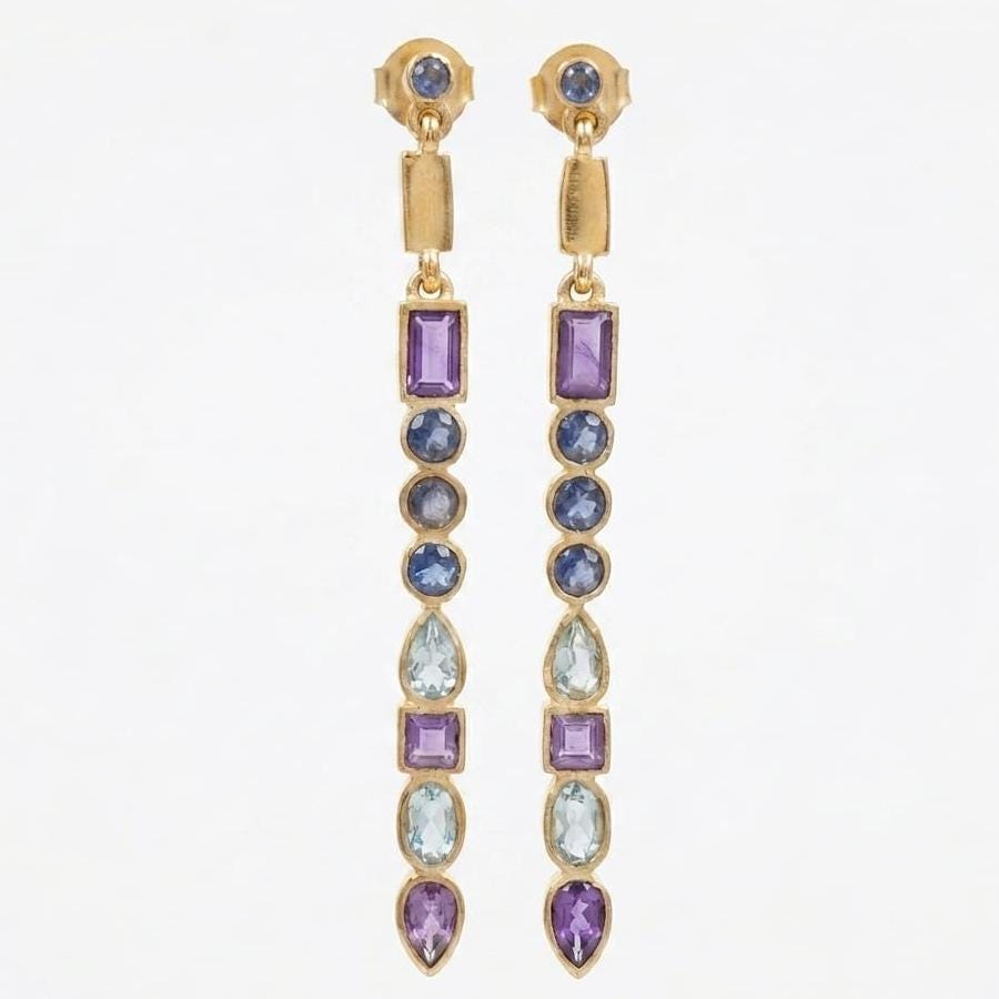 Multi Stone Gold Plated Brass Earrings, Amethyst, Blue Topaz, Iolite, Long Office Wear