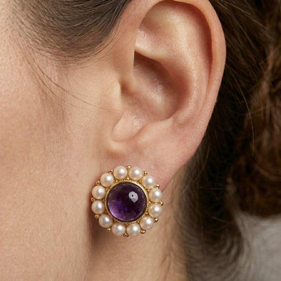 Gold Plated Amethyst Pearl Round Stud Earrings, 15mm Brass Office Wear