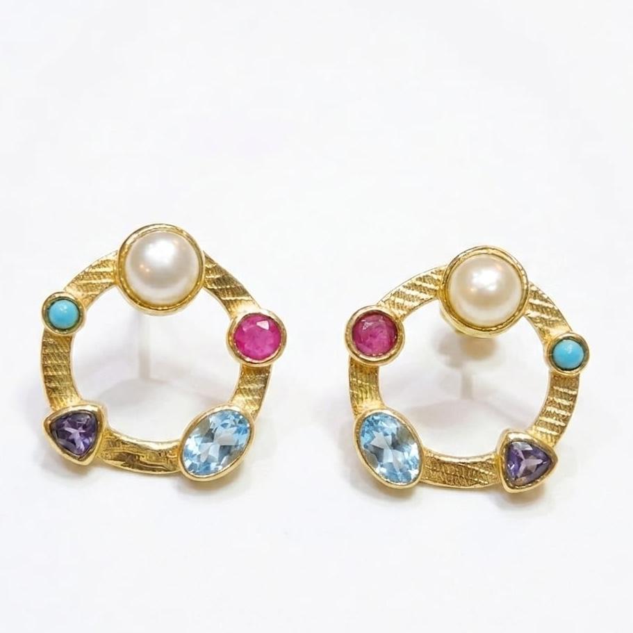Multi Gemstone Gold Plated Brass Stud Earrings, Pearl Ruby Blue Topaz Iolite Turquoise