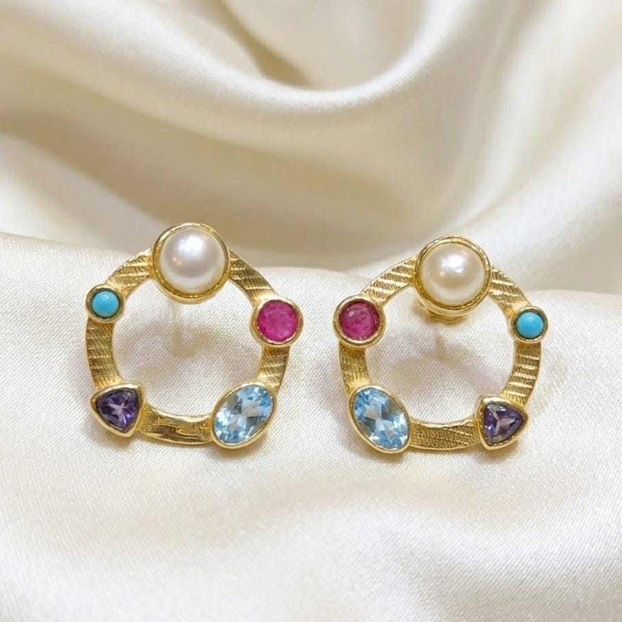 Multi Gemstone Gold Plated Brass Stud Earrings, Pearl Ruby Blue Topaz Iolite Turquoise