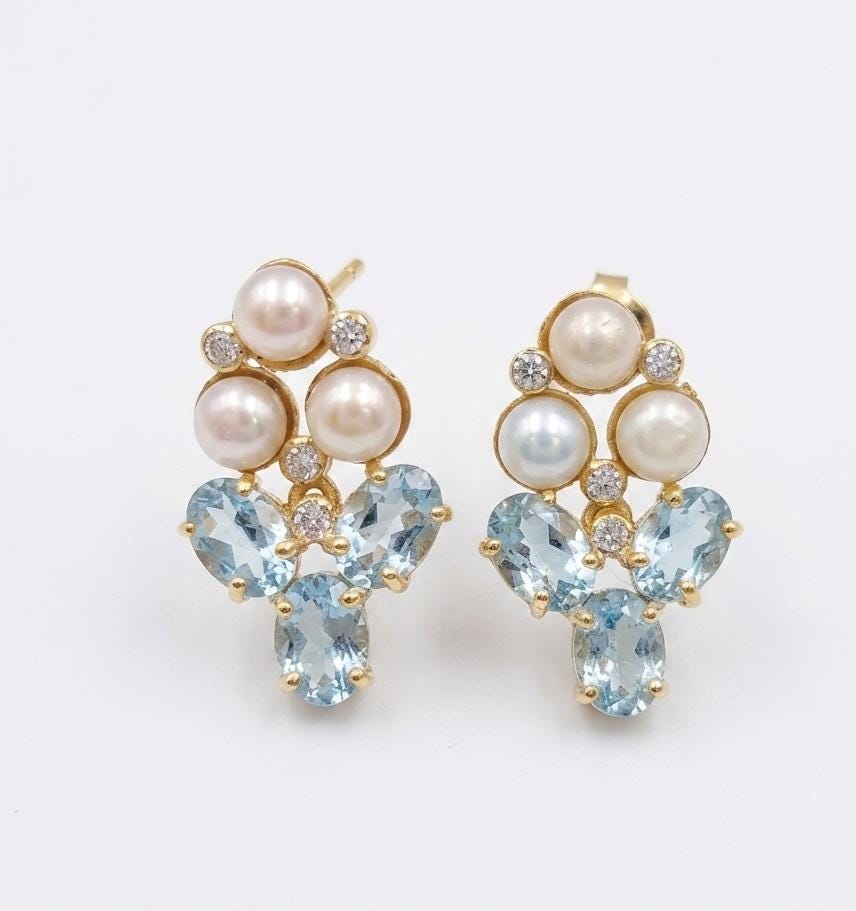 Gold Plated Brass Blue Topaz Pearl Stud Earrings with Cubic Zirconia