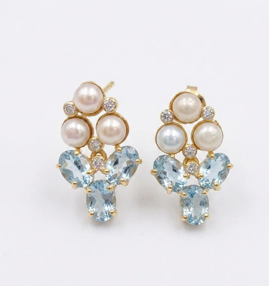 Gold Plated Brass Blue Topaz Pearl Stud Earrings with Cubic Zirconia