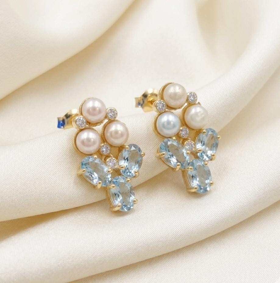 Gold Plated Brass Blue Topaz Pearl Stud Earrings with Cubic Zirconia