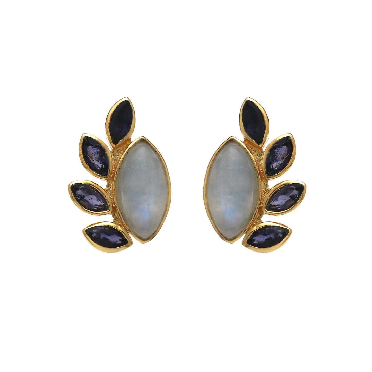 Gold Plated Brass Stud Earrings with Rainbow Moonstone, Iolite