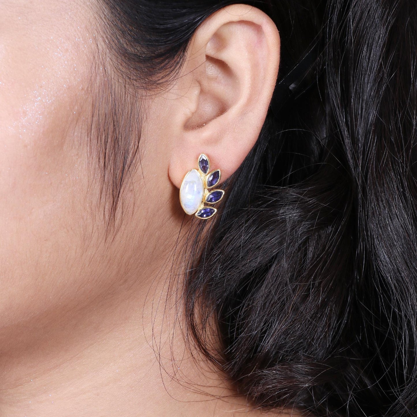 Gold Plated Brass Stud Earrings with Rainbow Moonstone, Iolite