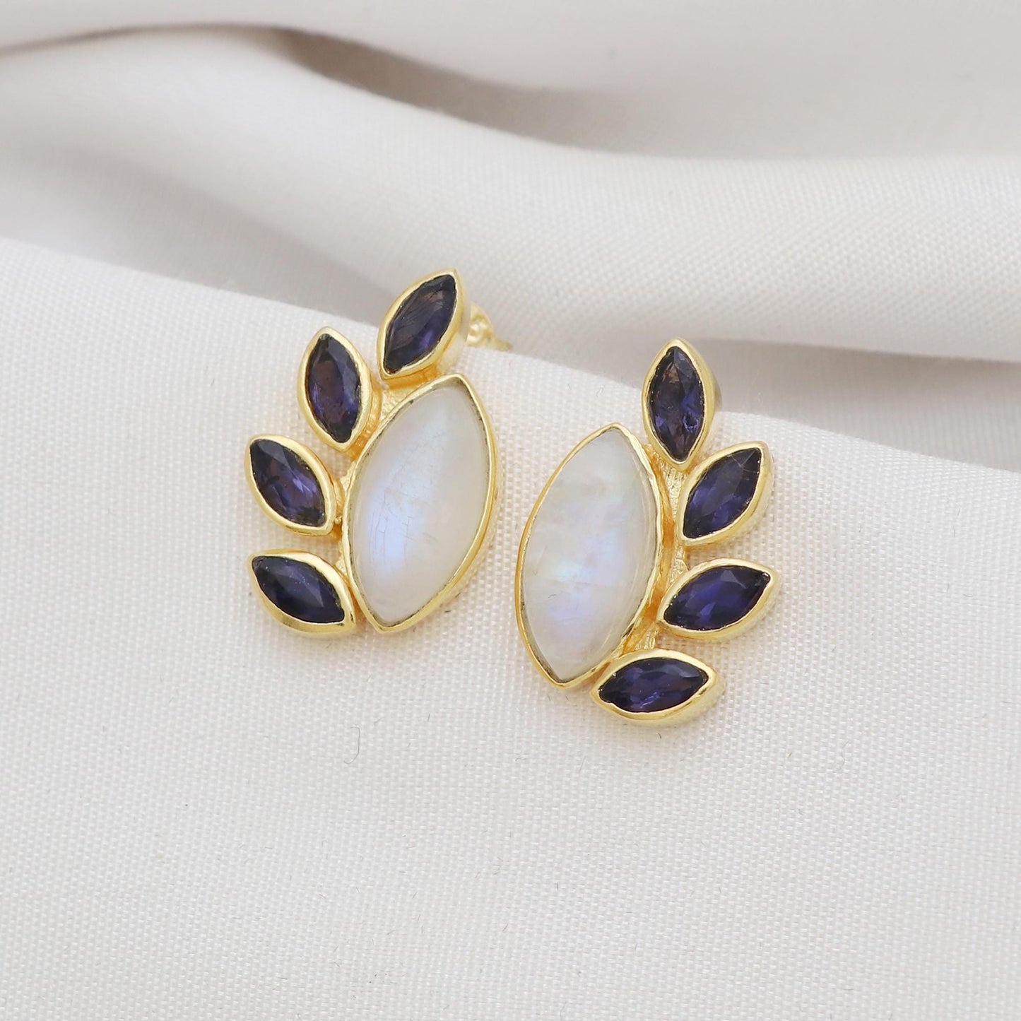 Gold Plated Brass Stud Earrings with Rainbow Moonstone, Iolite