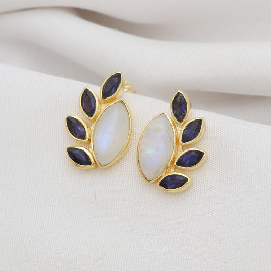 Gold Plated Brass Stud Earrings with Rainbow Moonstone, Iolite