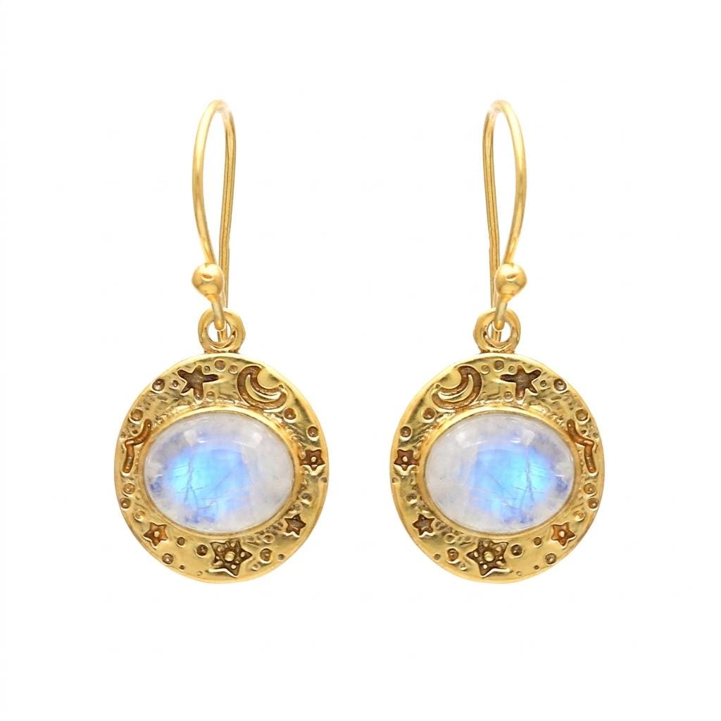 Gold Plated Brass Rainbow Moonstone Celestial Earrings, Oval Daily Wear Moon Star