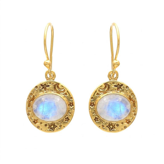 Gold Plated Brass Rainbow Moonstone Celestial Earrings, Oval Daily Wear Moon Star