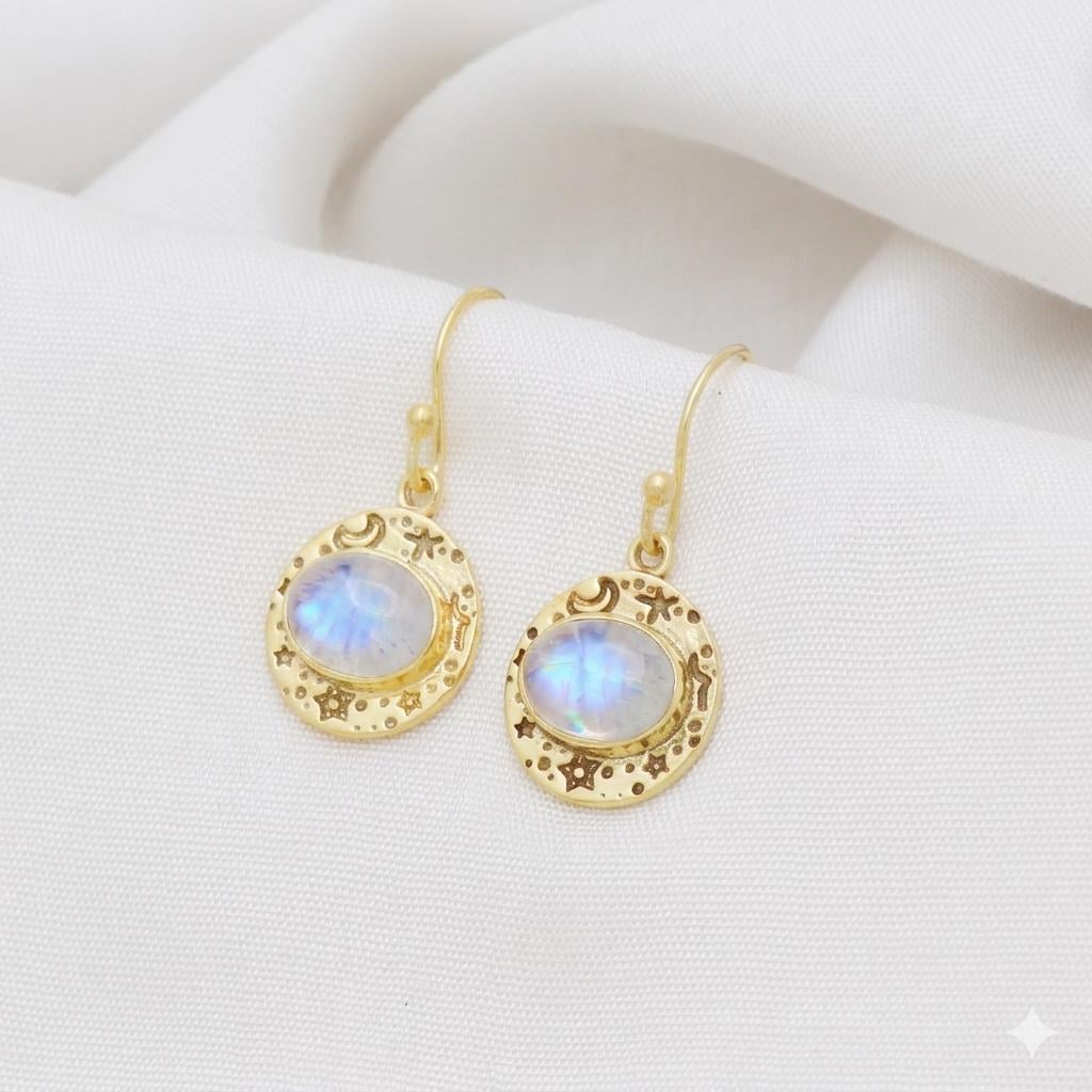Gold Plated Brass Rainbow Moonstone Celestial Earrings, Oval Daily Wear Moon Star
