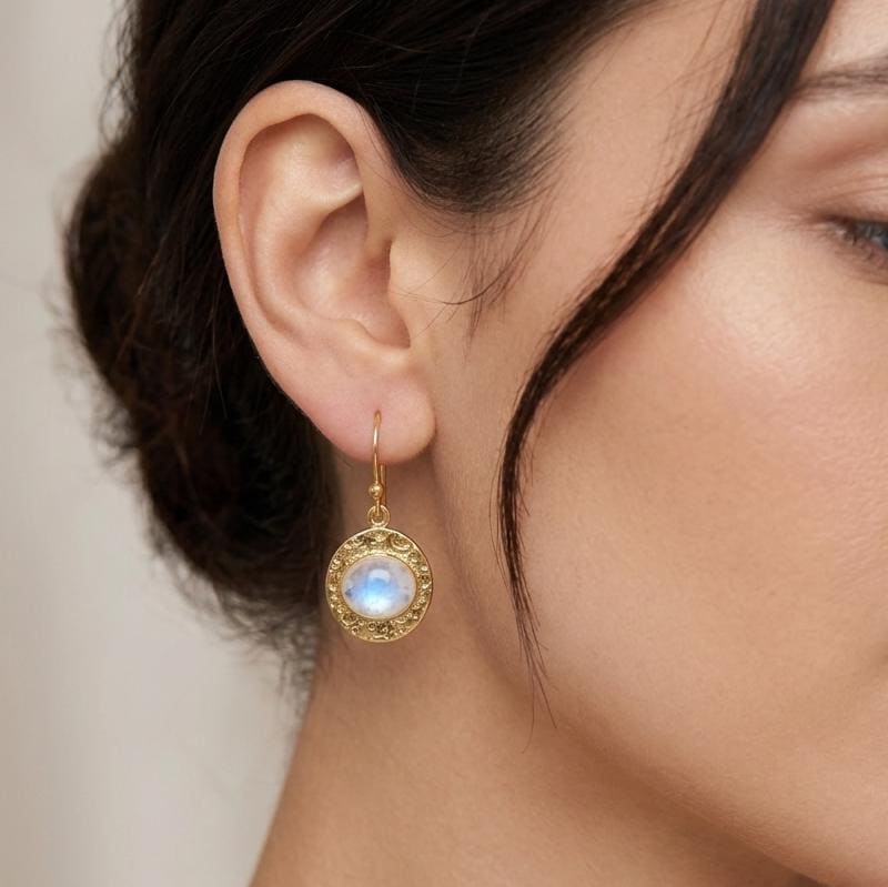 Gold Plated Brass Rainbow Moonstone Celestial Earrings, Oval Daily Wear Moon Star
