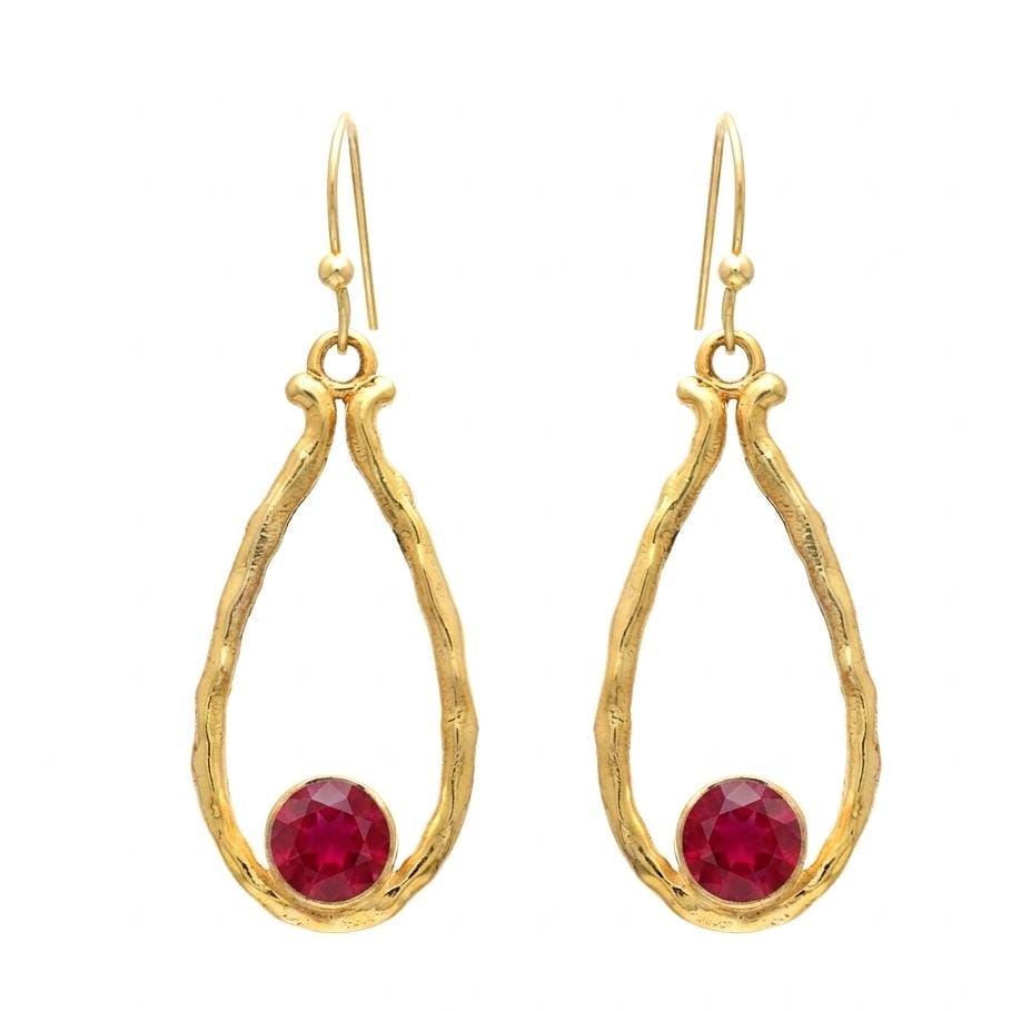 Gold Plated Brass Ruby Earrings, Textured Teardrop shape daily wear earrings with pink gemstone