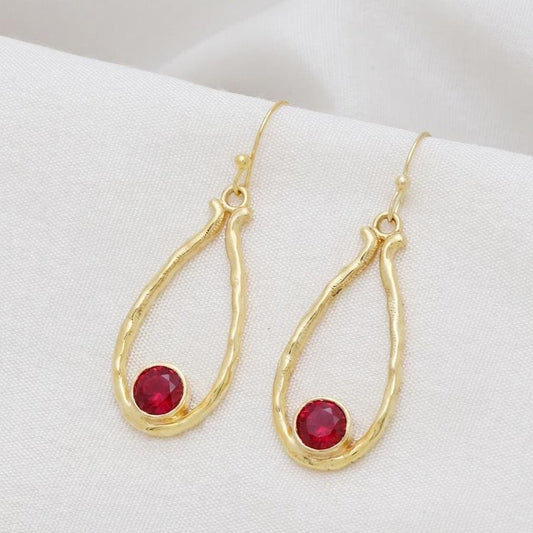 Gold Plated Brass Ruby Earrings, Textured Teardrop shape daily wear earrings with pink gemstone