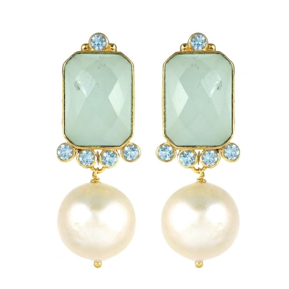 Chalcedony, Pearl and Blue Topaz Gold plated brass earrings, Statement everyday wear jewelry