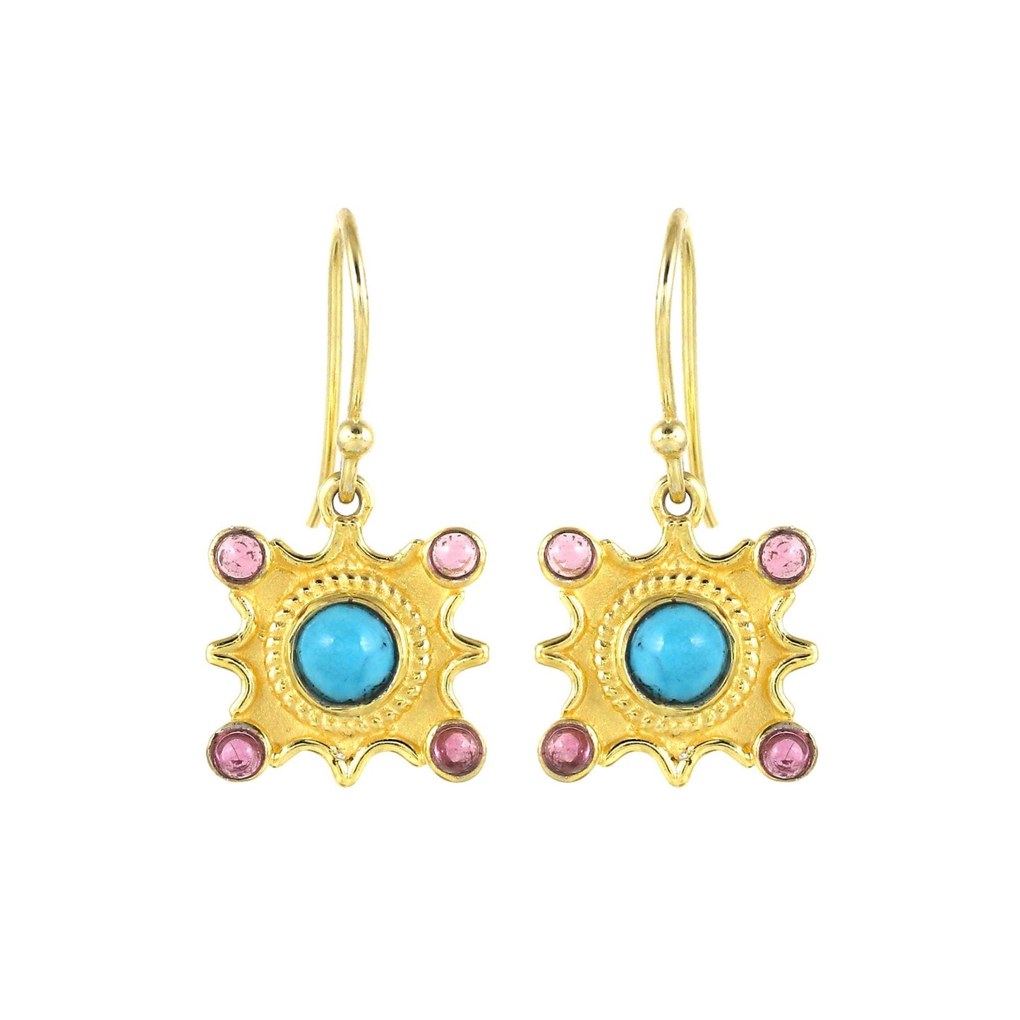 Gold Plated Brass Earrings, Turquoise Pink Tourmaline Gemstone, Office Wear Jewelry