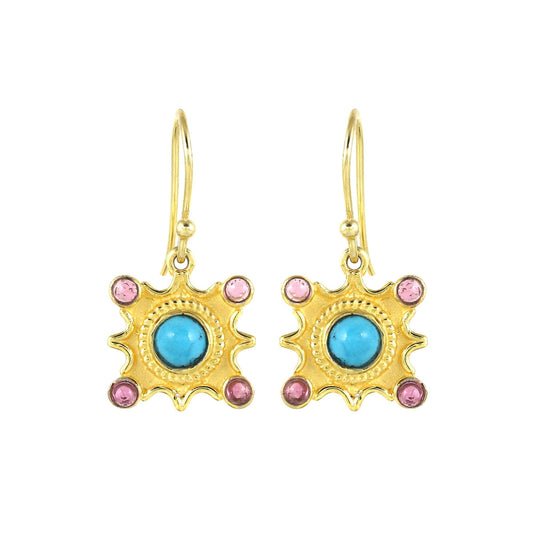 Gold Plated Brass Earrings, Turquoise Pink Tourmaline Gemstone, Office Wear Jewelry